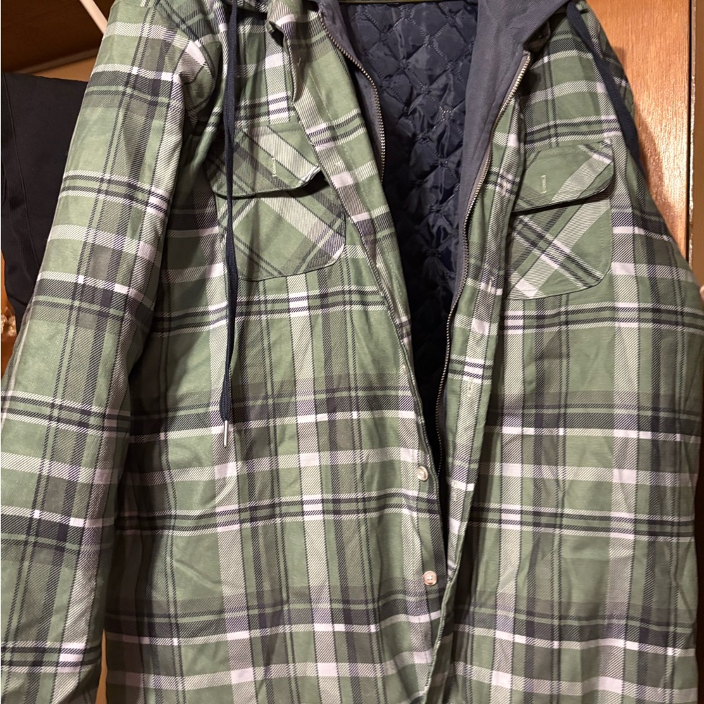 Green Plaid Men's or women’s plaid lined zip and button Jacket